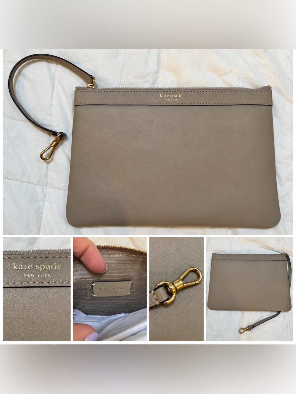 Kate Spade New York Taupe Gray Leather Large Wristlet Clutch - NWOT